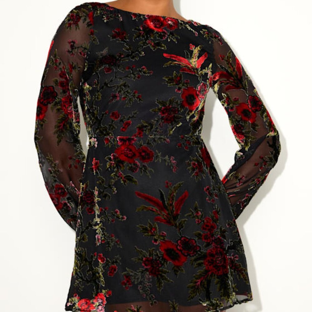 Lulus Marwella Black Burnout Velvet Backless Long Sleeve Mini Dress